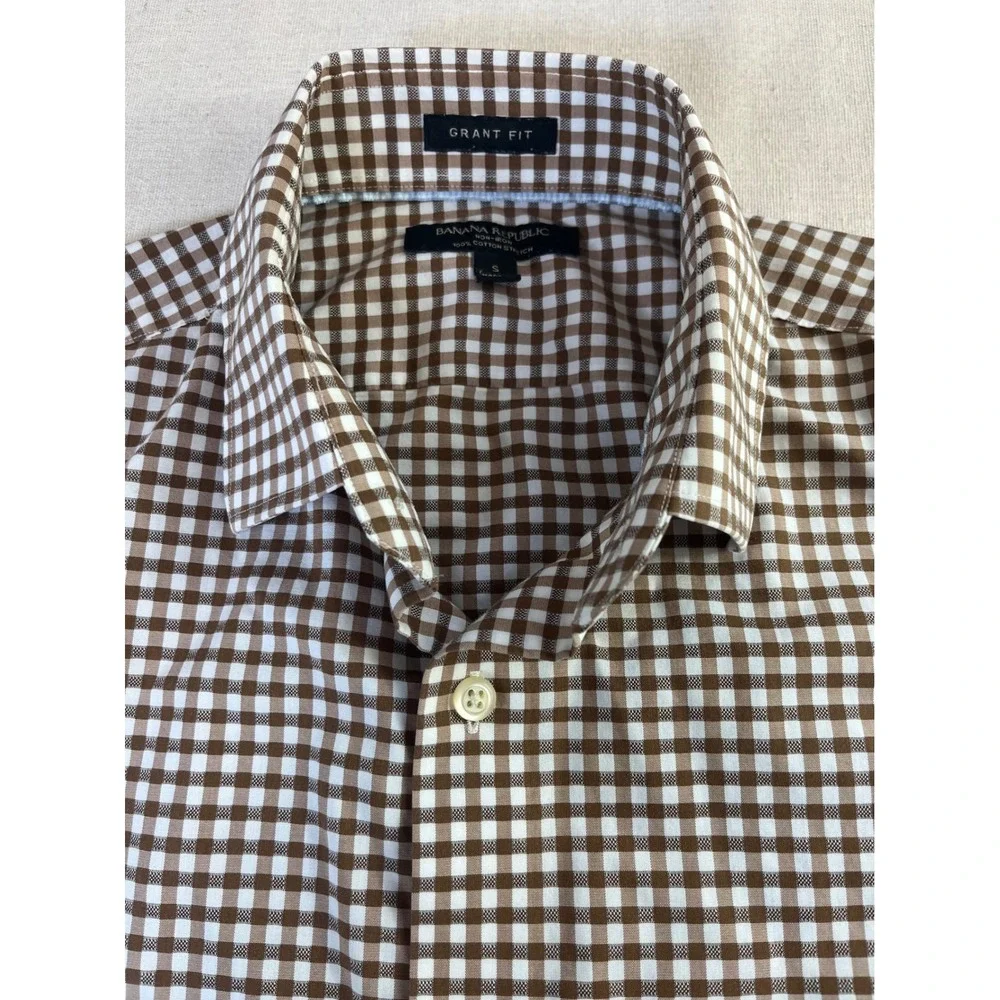 Banana Republic Grant Fit Shirt Mens Small Brown Gingham Non-Iron Cotton Stretch